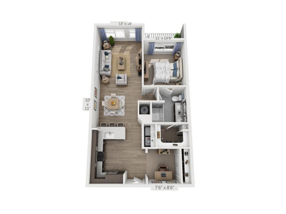 3D floor plan of a one-bedroom apartment featuring an open kitchen, living room, dining area, and bathroom.