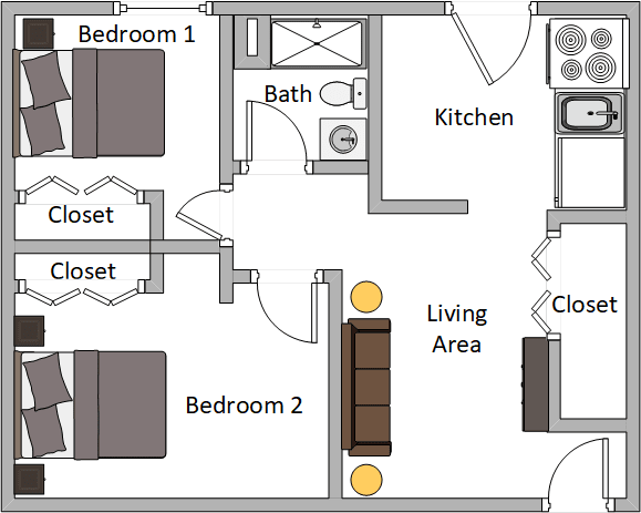 A floor plan of a two-bedroom apartment, featuring a kitchen, bathroom, and living area.