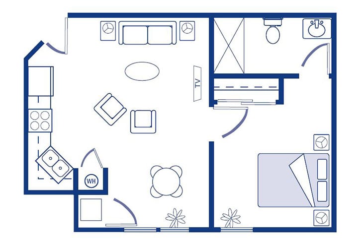 A simple floor plan illustrating a one-bedroom apartment with a living room, kitchen, and bathroom.