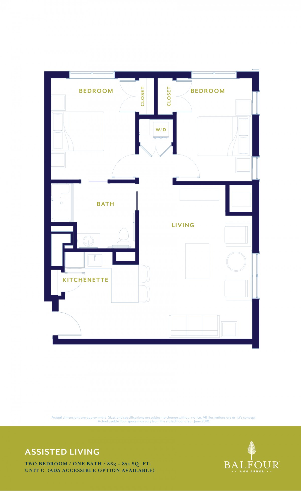 A simple floor plan of an apartment showing the layout of rooms and spaces.