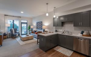 A modern apartment interior featuring an open plan kitchen and living room with stylish decor.