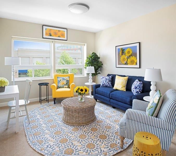 Bright living room featuring a blue sofa and yellow accents, filled with natural light.