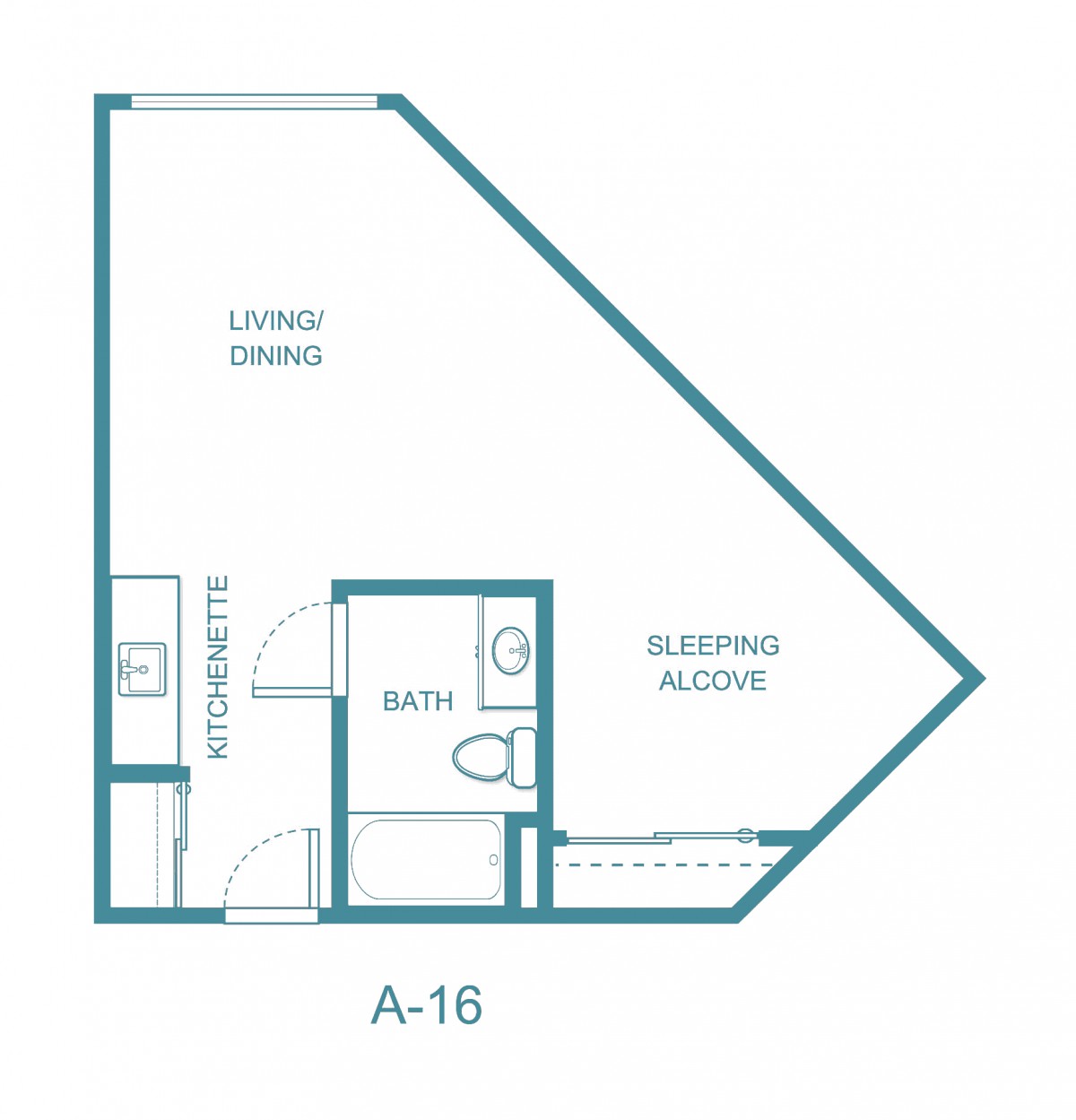 Floor plan of an apartment with a living space, kitchenette, bathroom, and sleeping alcove.