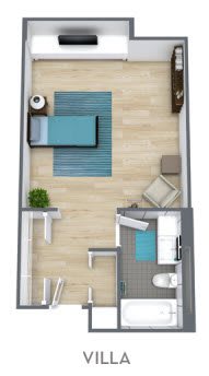 A 3D floor plan of a small apartment layout featuring a bed, seating area, desk, and bathroom.