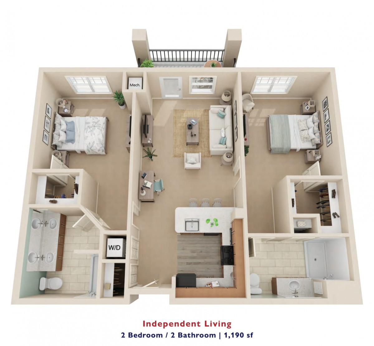 3D floor plan of a one-bedroom, one-bathroom apartment.