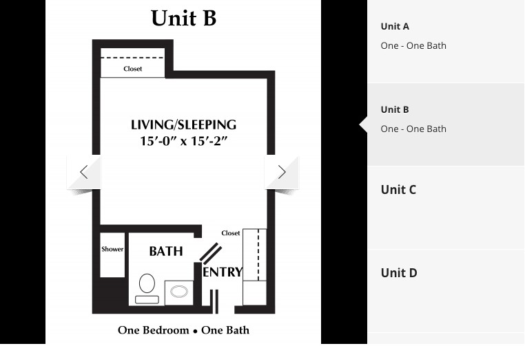 Floor plan of Unit B showing a living/sleeping area, bathroom, and entry.
