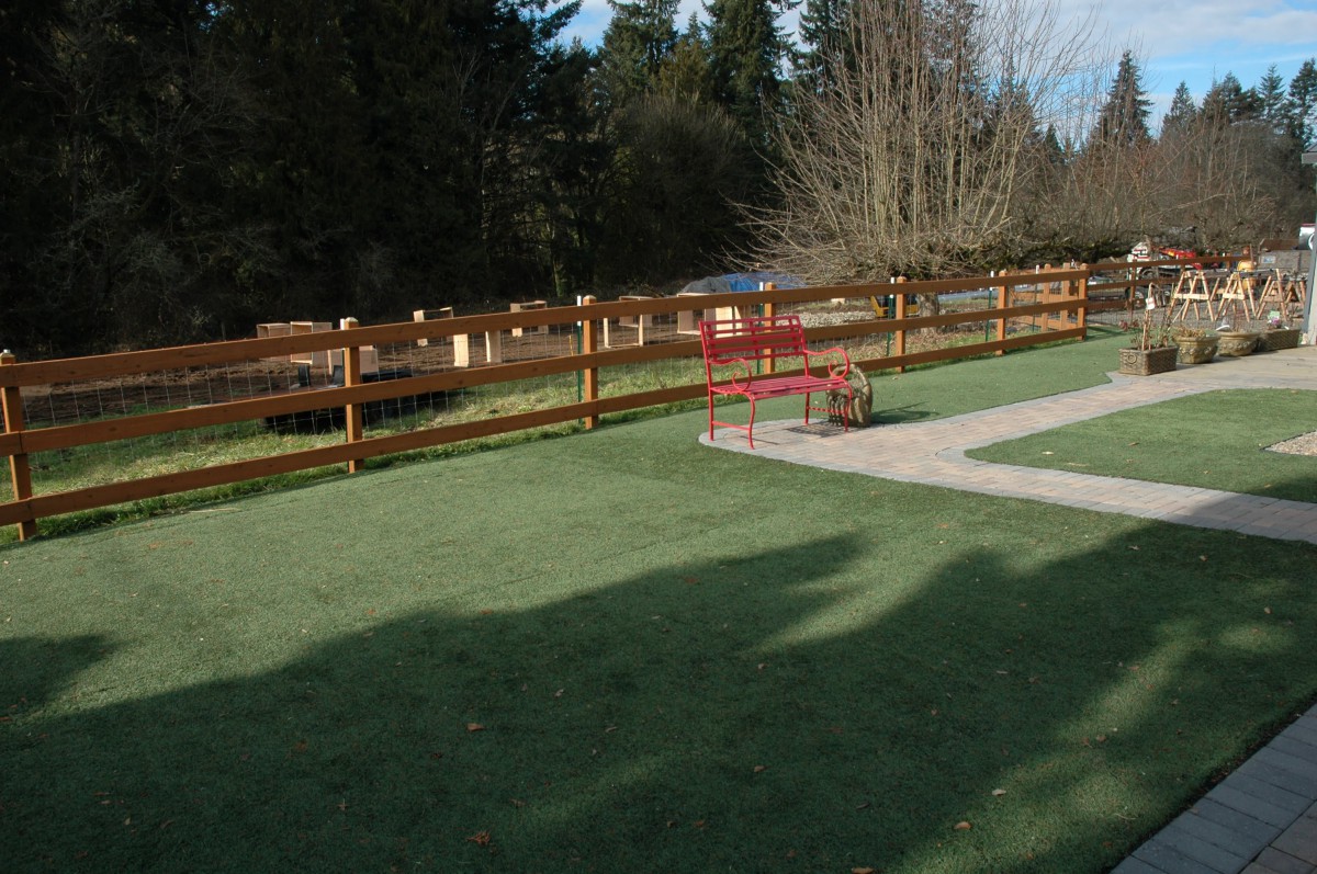 A quiet dog park area with a fence and path surrounded by trees.