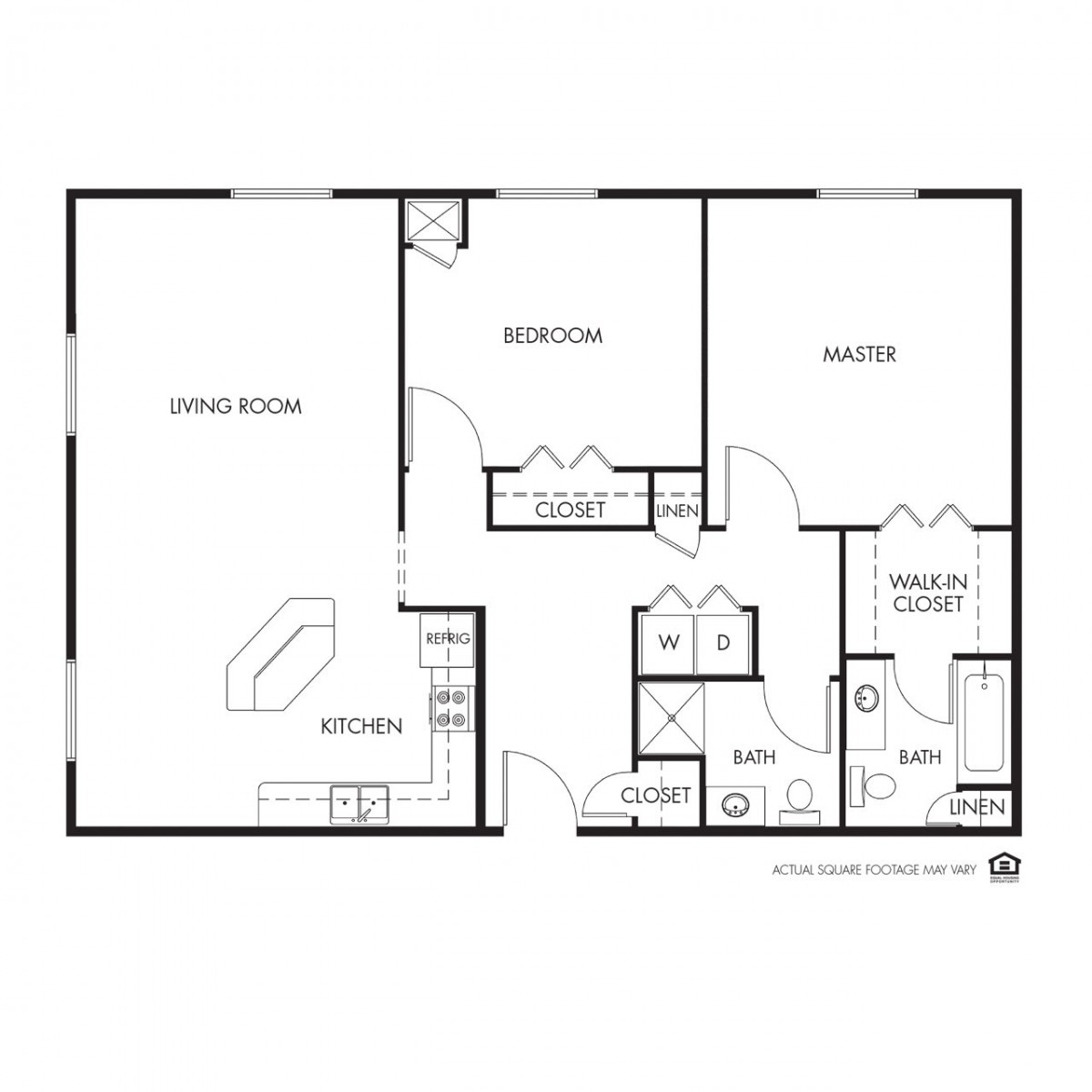 A floor plan showing the layout of a two-bedroom apartment with labeled rooms and features.