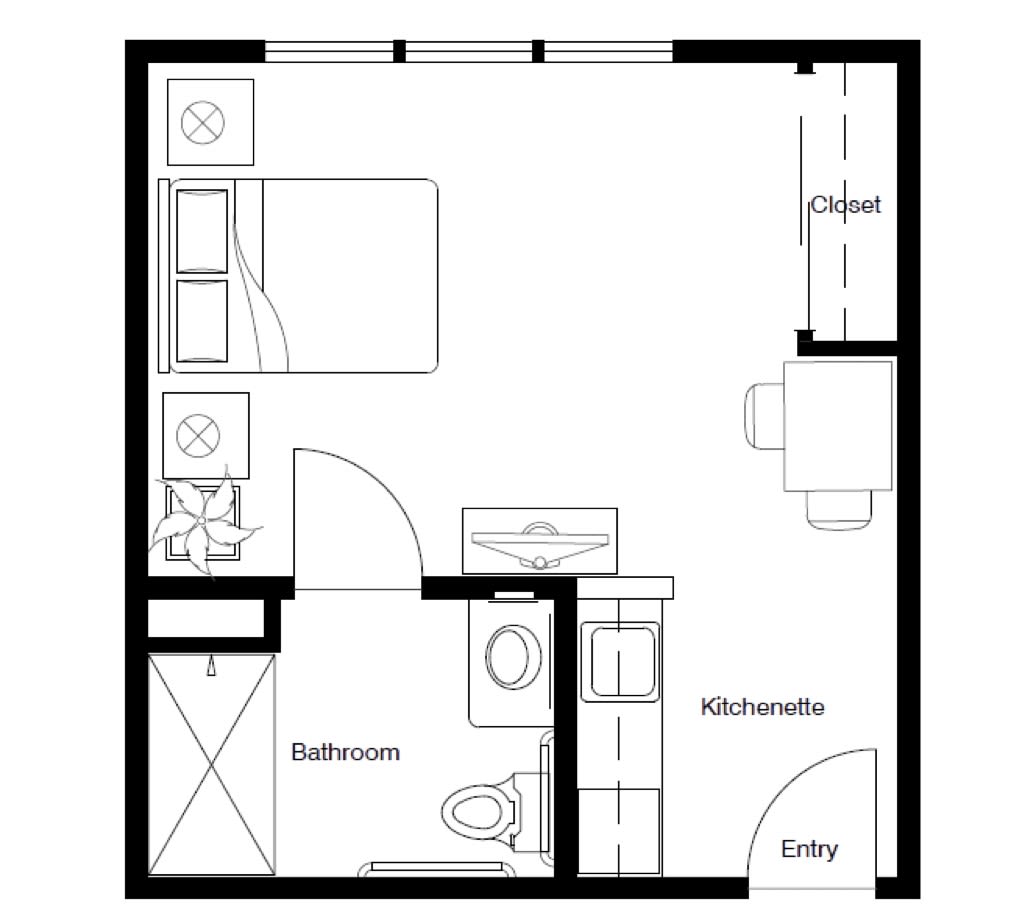 A floor plan of a small studio apartment featuring a kitchen, bathroom, and living area.