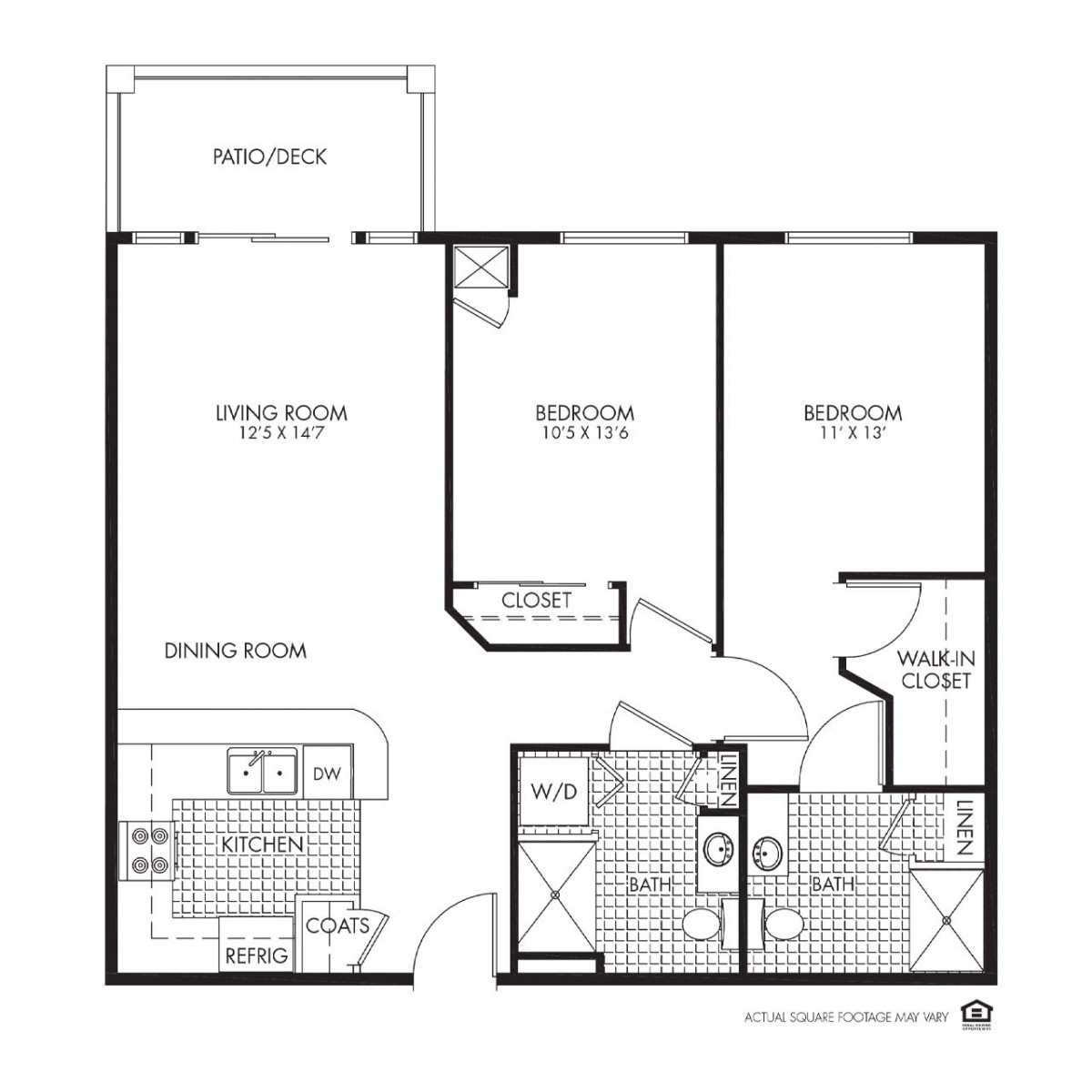 A floor plan of a two-bedroom apartment with labeled rooms and dimensions.