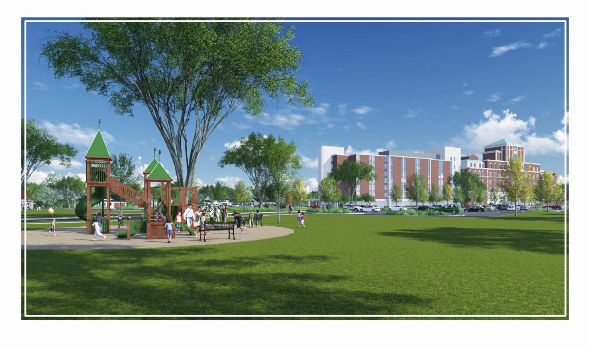 Children playing in a park near a modern building on a sunny day.