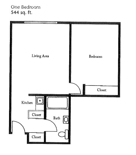 A floor plan of a one-bedroom apartment with a living area, kitchen, bathroom, and closets.