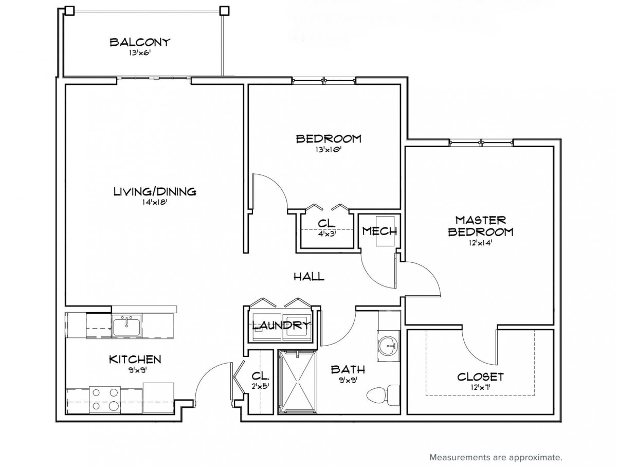 A detailed floor plan of a two-bedroom apartment with living room, kitchen, master bedroom, secondary bedroom, bathroom, and balcony.