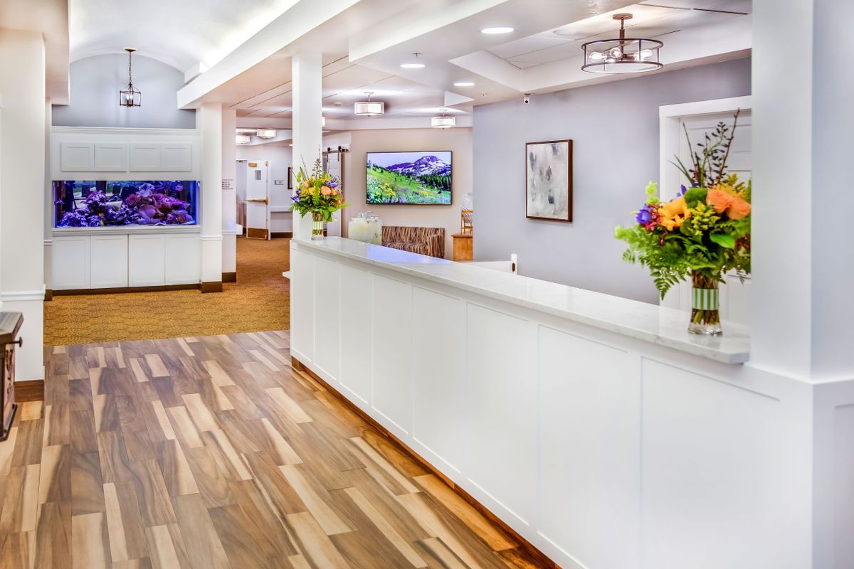 A modern reception area with white decor, wooden floors, and colorful floral arrangements.