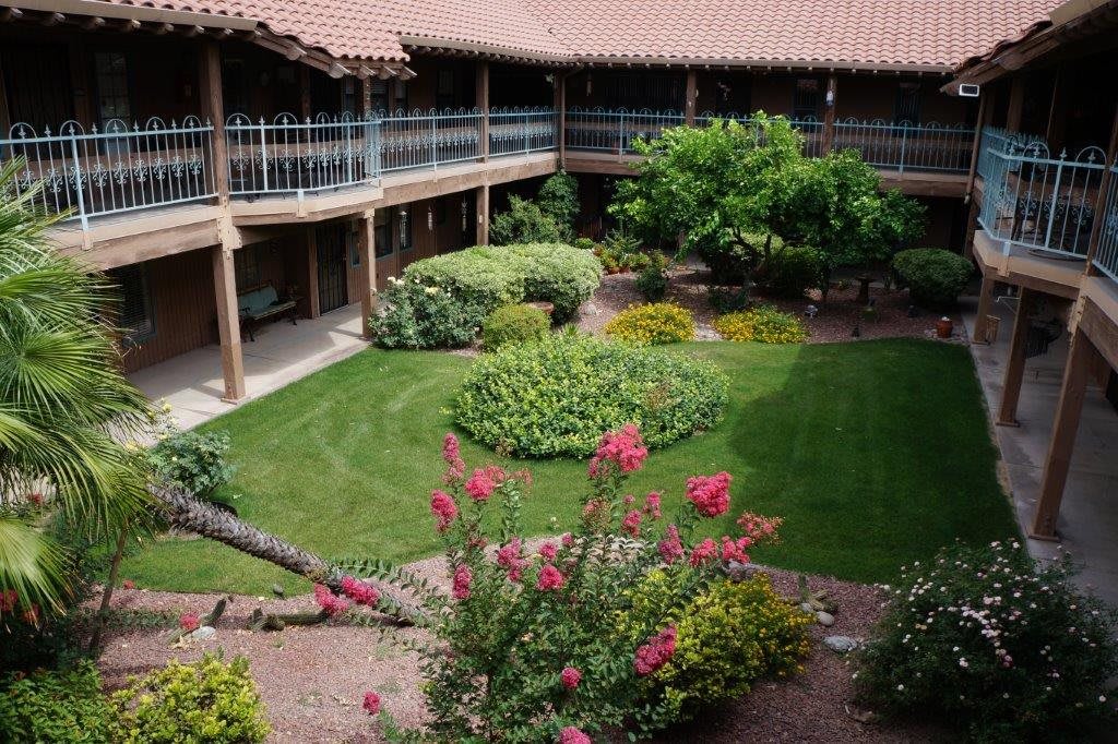 A beautifully landscaped courtyard featuring lush greenery and vibrant flowers.