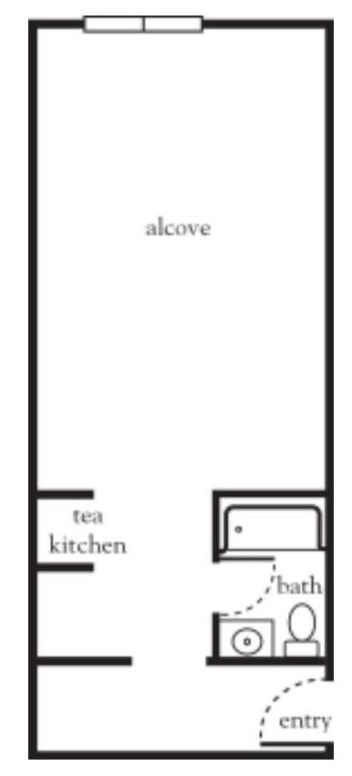 Simple floor plan with an alcove and tea kitchen.