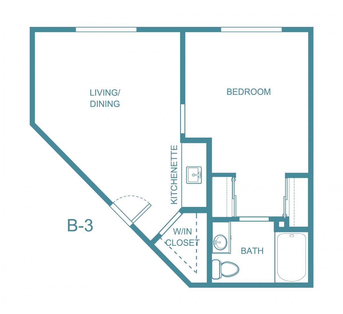 A floor plan of an apartment unit labeled B-3, featuring a living/dining area, bedroom, kitchenette, and bathroom.