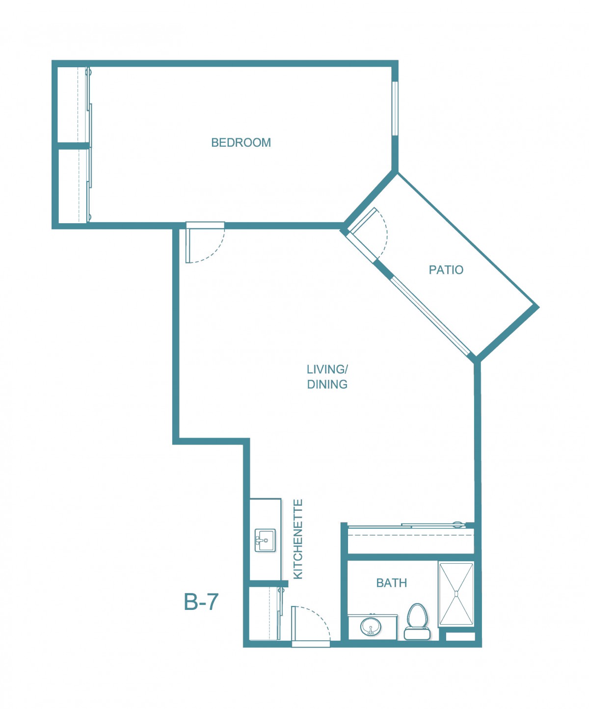 A floor plan of a one-bedroom apartment featuring a living area, kitchen, and bathroom.