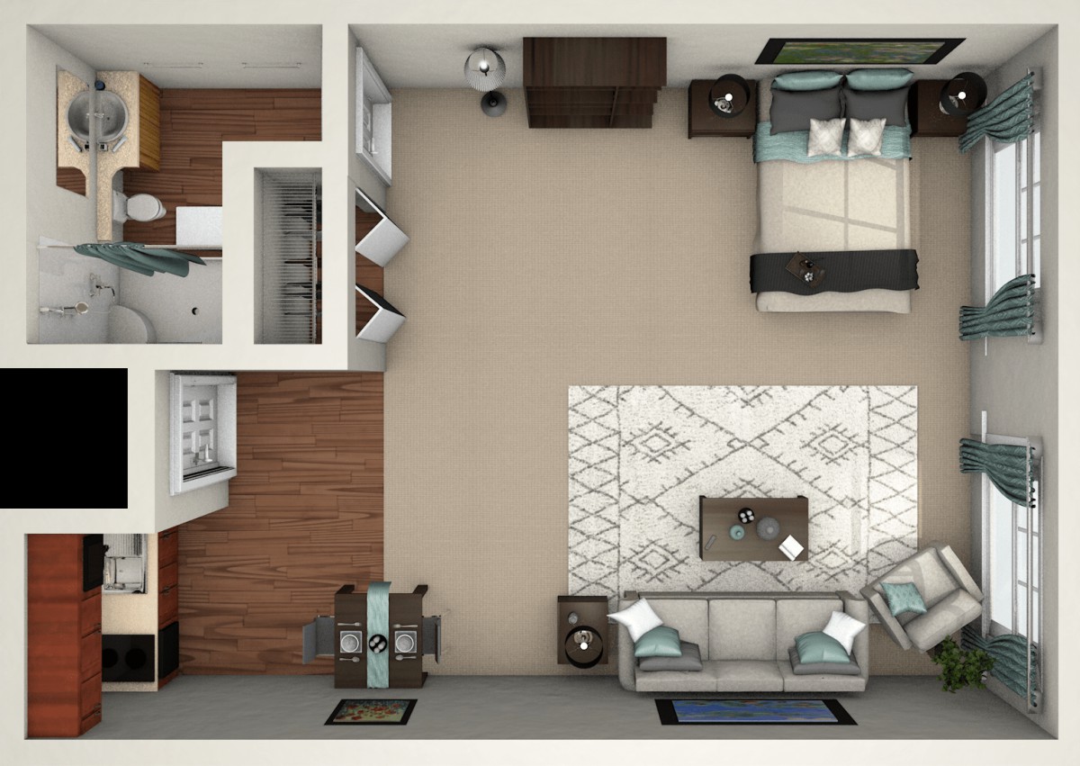 A detailed floor plan showing a combined living and bedroom space with furniture.