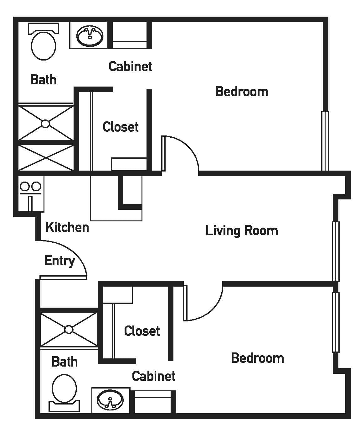 A simple floor plan of a two-bedroom apartment, featuring a living room, kitchen, two bathrooms, and closets.