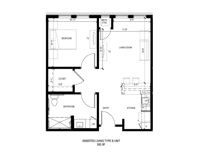 A blueprint of a residential apartment unit depicting the layout and dimensions.