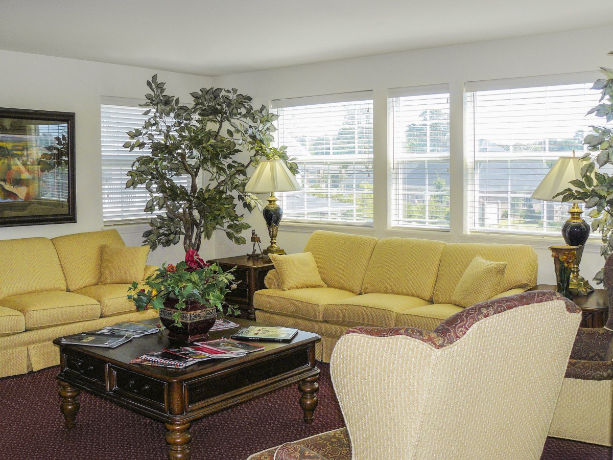 A cozy living room with yellow sofas, a central coffee table, and large windows allowing natural light.