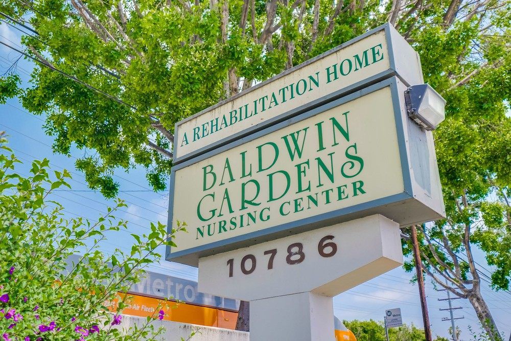 Sign for Baldwin Gardens Nursing Center, a rehabilitation home.
