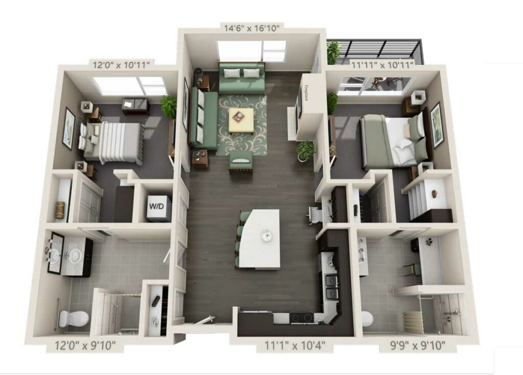 A 3D floor plan of a modern apartment featuring two bedrooms, a living room, kitchen, and balcony.