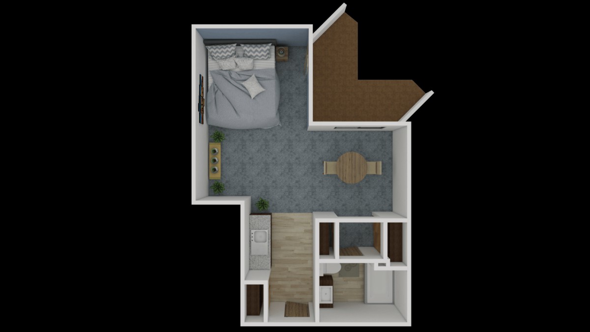 A 3D floor plan of a one-bedroom apartment with a kitchen, bathroom, and living area.