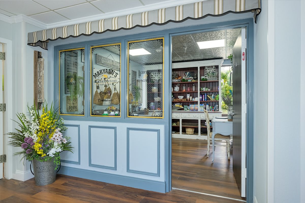 A charming caf interior with vintage design elements and blue decor.