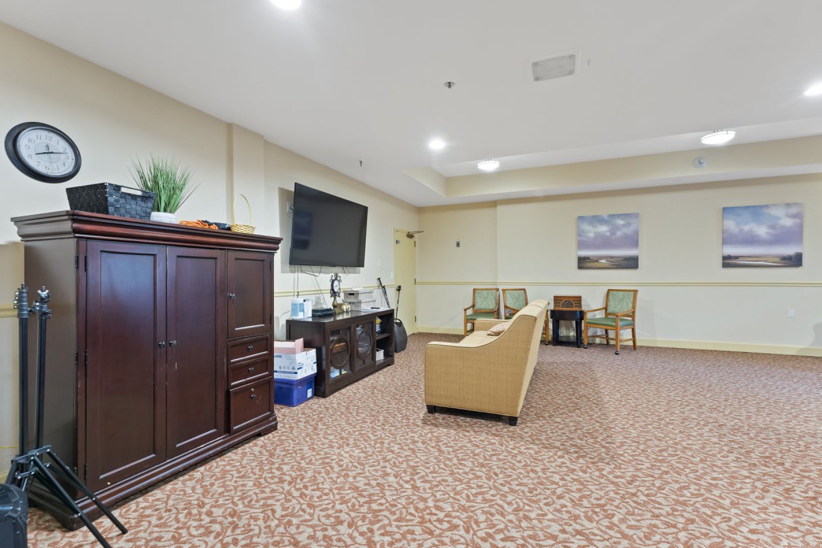 A cozy living room with a television, sofa, and cabinet on a carpeted floor.