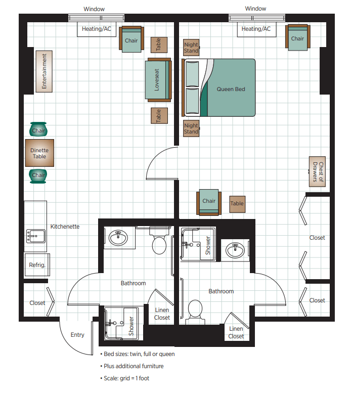 A floor plan of a one-bedroom apartment featuring a living room, kitchen, bathroom, and bedroom.