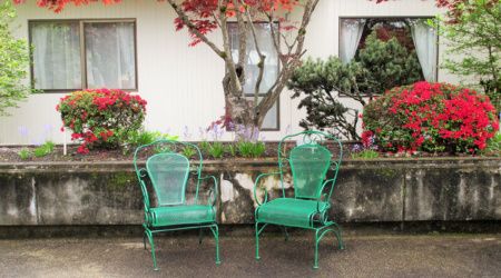 Two green metal chairs sit in a garden setting with plants and flowers nearby.