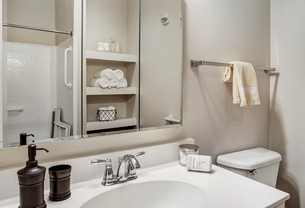 A clean and modern bathroom with a sink, mirror, and neatly arranged toiletries.