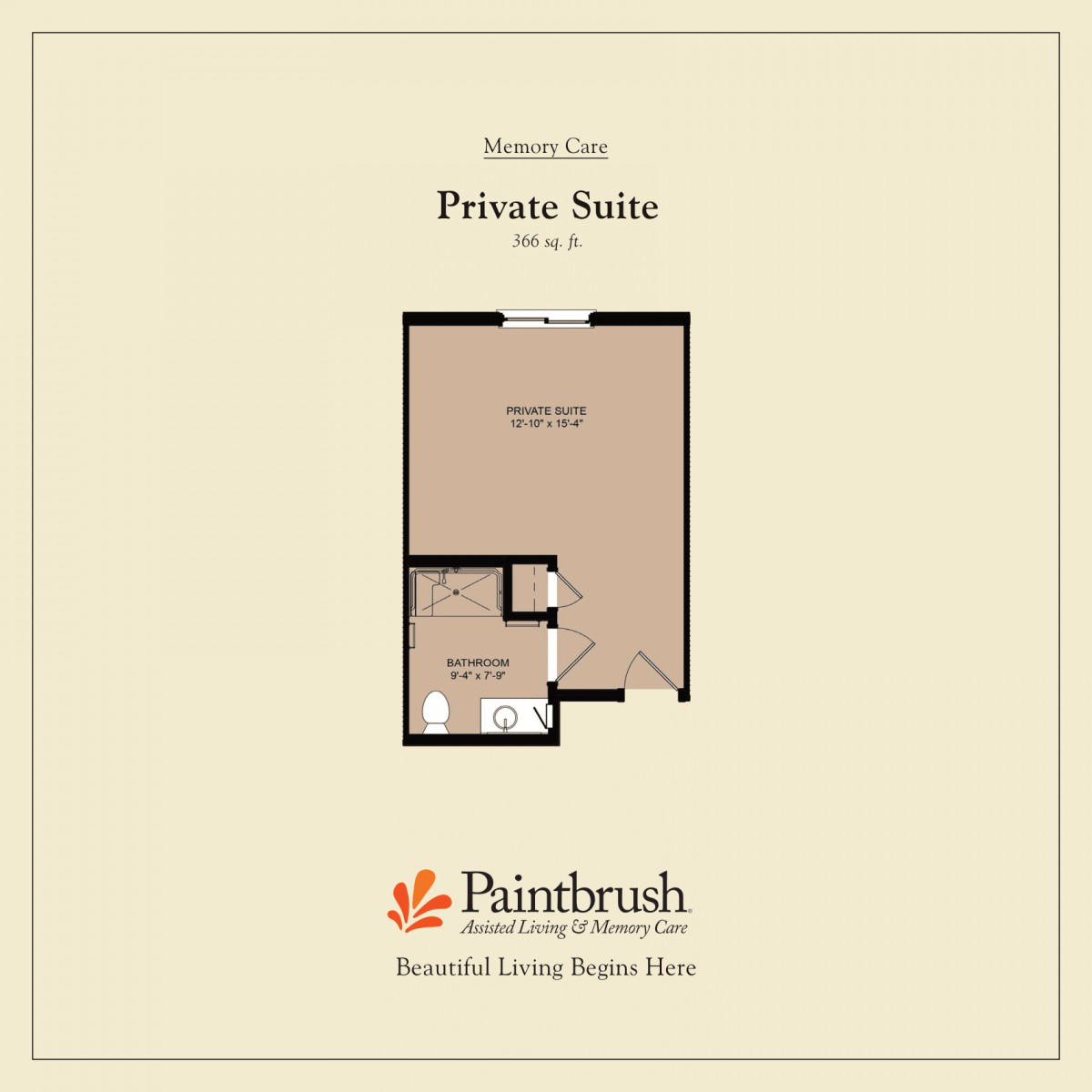 Floor plan of a private suite featuring a studio layout.