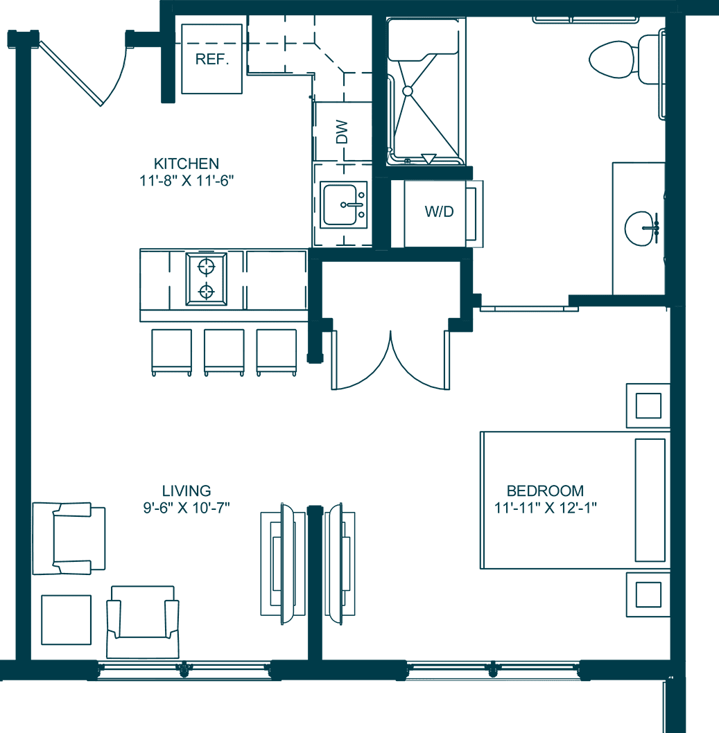 A floor plan of a one-bedroom apartment featuring a kitchen, living room, and bathroom.