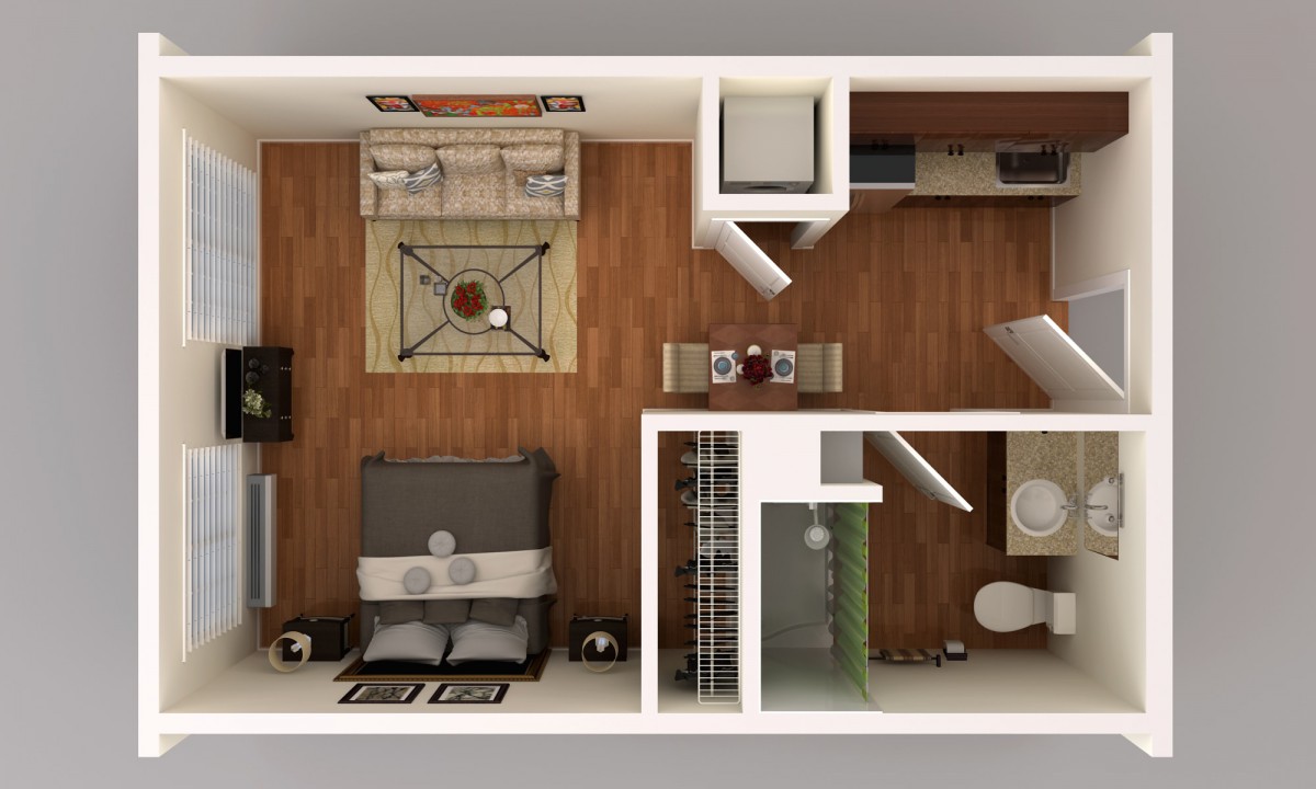 A top-view floor plan showing a compact apartment with designated areas for a bedroom, living room, kitchen, and bathroom.