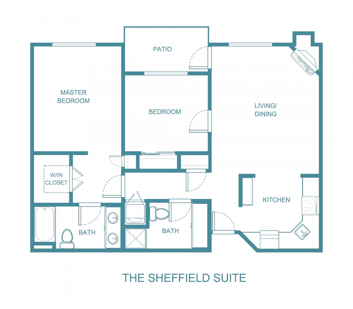Floor plan of the Sheffield Suite, featuring a master bedroom, additional bedroom, living/dining area, kitchen, and bathroom.