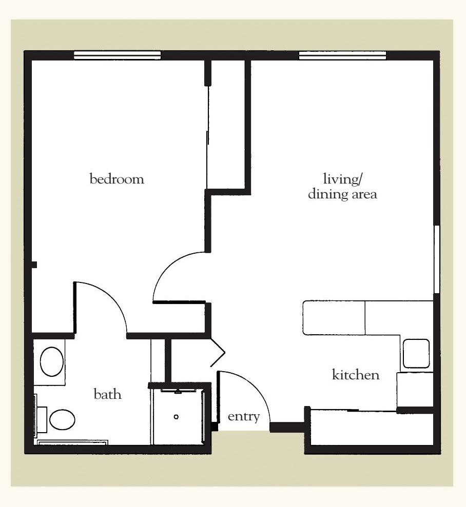 A simple floor plan of a one-bedroom apartment, featuring a living/dining area, kitchen, and bathroom.