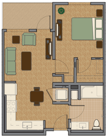 Floor plan of a one-bedroom apartment showing the living room, kitchen, and bathroom layout.