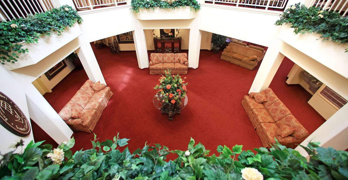 A cozy lobby area with red carpet, elegant sofas, and decorative plants.