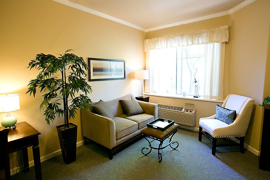 A cozy living room with a sofa, chair, and coffee table near a large window.