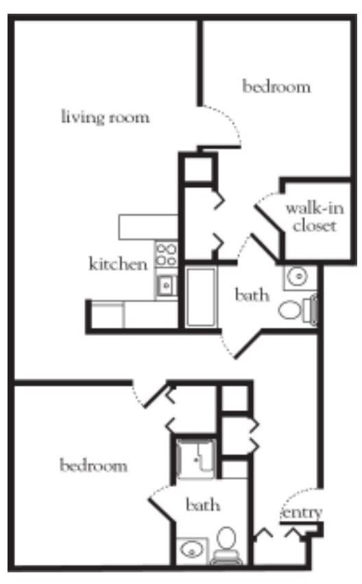 A floor plan of a one-bedroom apartment with a living room, kitchen, bathroom, and walk-in closet.
