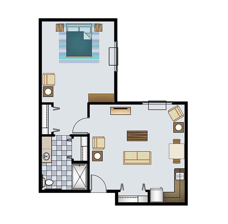 A one-bedroom apartment floor plan featuring a living room, kitchen, and bathroom.