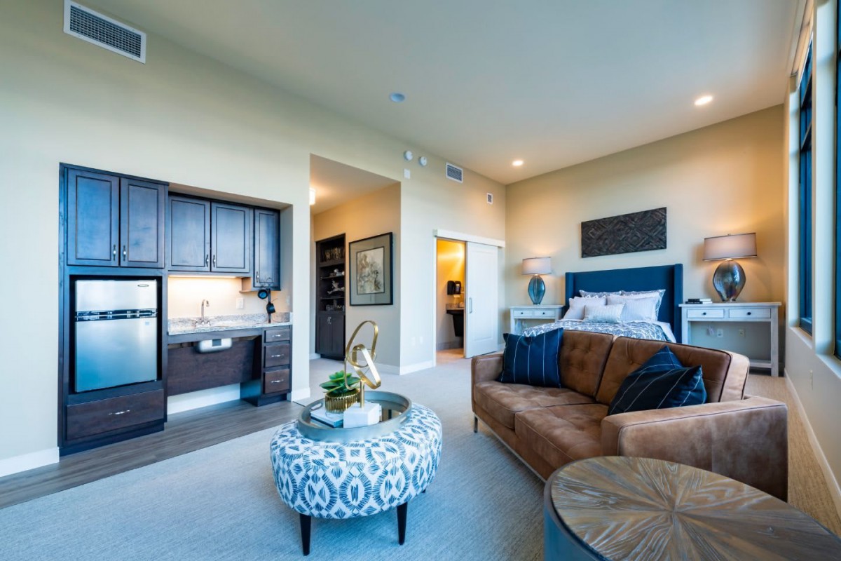 A modern open-concept living and bedroom area with a kitchenette, featuring stylish decor and comfortable furnishings.