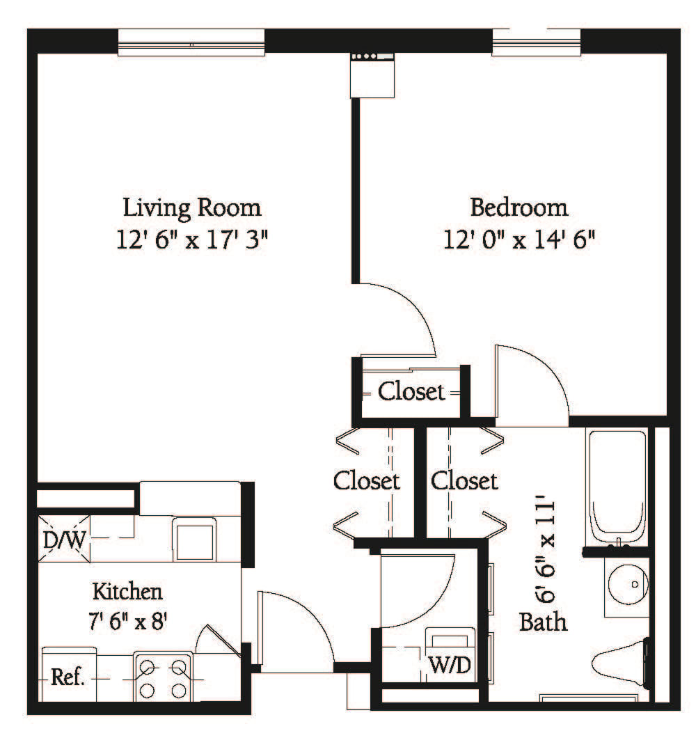 One-bedroom apartment floor plan with dimensions.