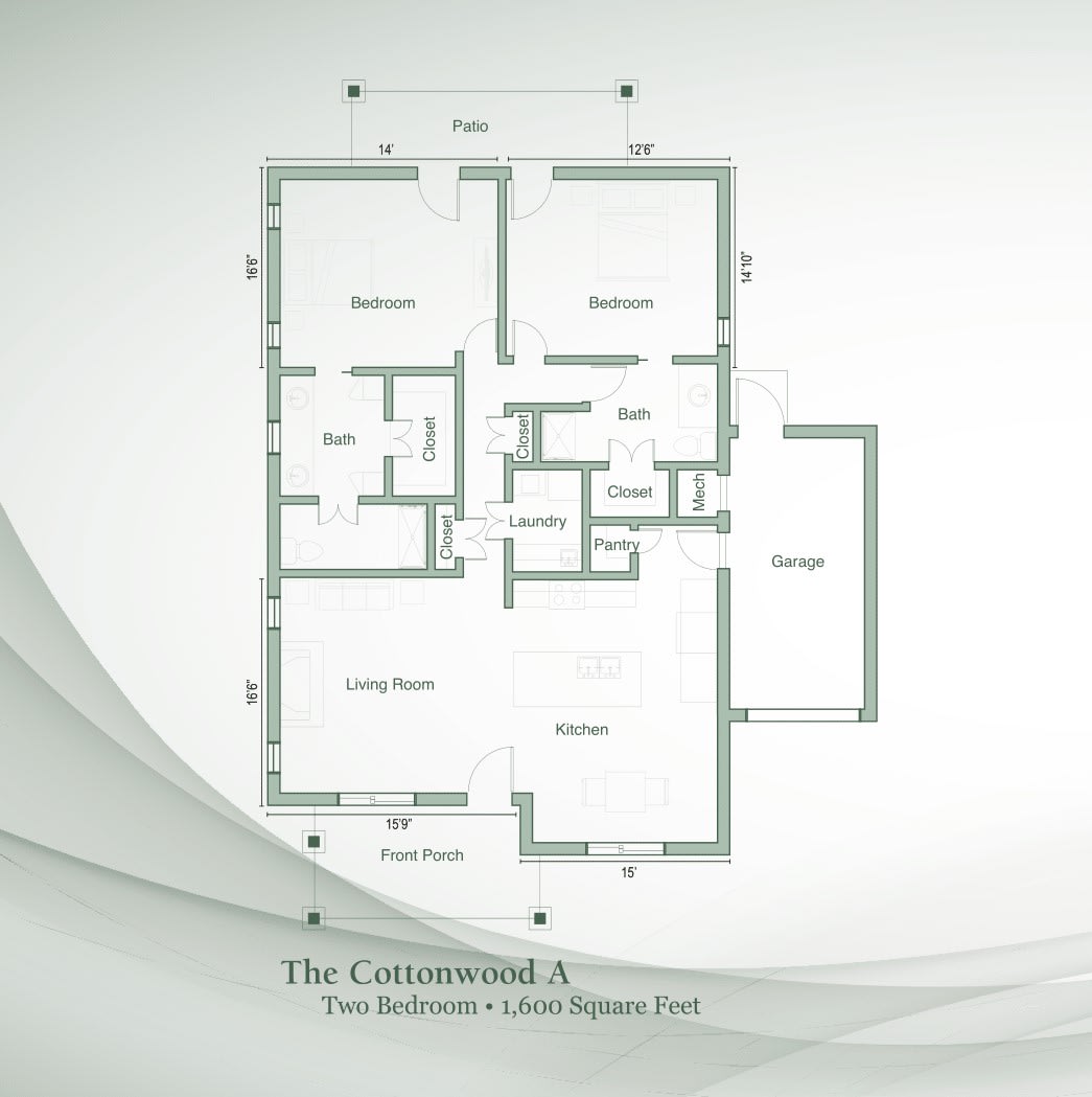 A detailed floor plan of a two-bedroom residential house.