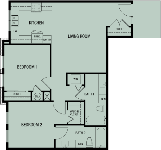 An apartment floor plan featuring two bedrooms, a kitchen, living room, and bathroom.