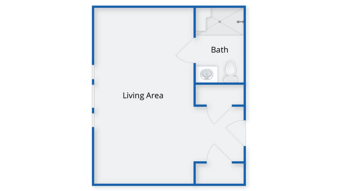 Floor plan featuring a living area and bathroom layout.