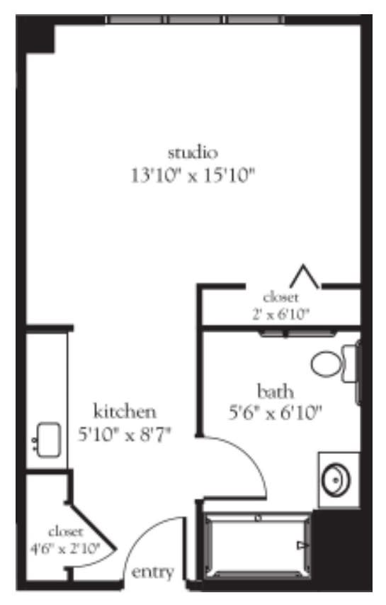 Studio apartment floor plan with kitchen, bathroom, and closet.